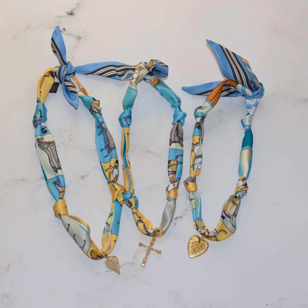 Scarf Necklace ~ Blue Horse Pattern: Gold Heart Necklaces Deep South Originals, LLC