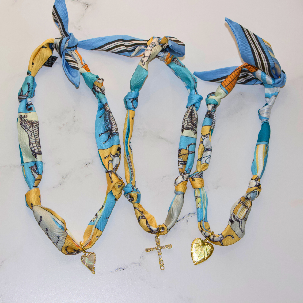 Scarf Necklace ~ Blue Horse Pattern: Gold Heart Necklaces Deep South Originals, LLC