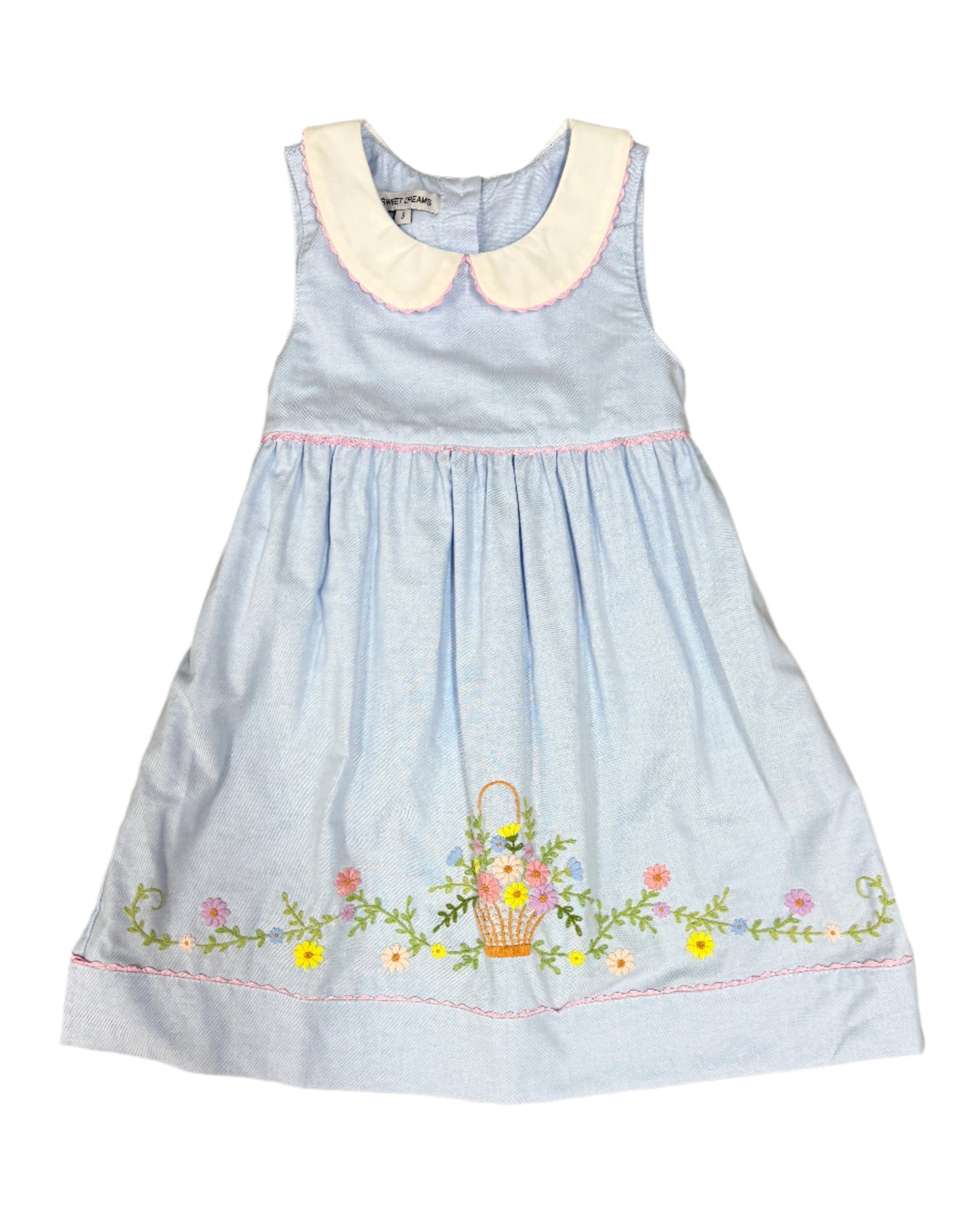 Blue Chambray Embroidered Flower Basket Dress Girls Occasion Dresses Sweet Dreams