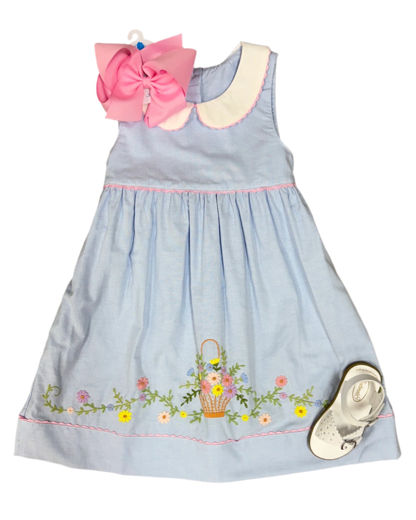 Blue Chambray Embroidered Flower Basket Dress Girls Occasion Dresses Sweet Dreams