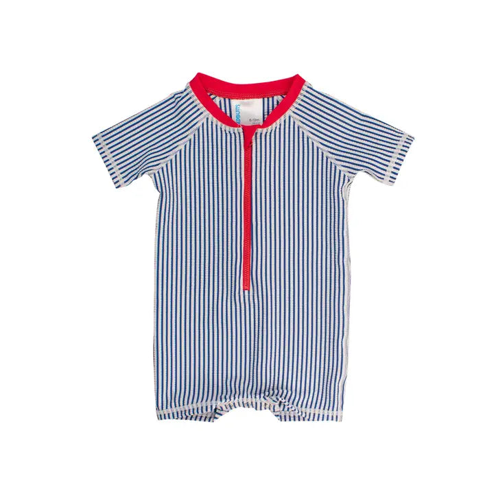 Blue Seersucker Short Sleeve One Piece Rash Guard Kids Swim Rufflebutts