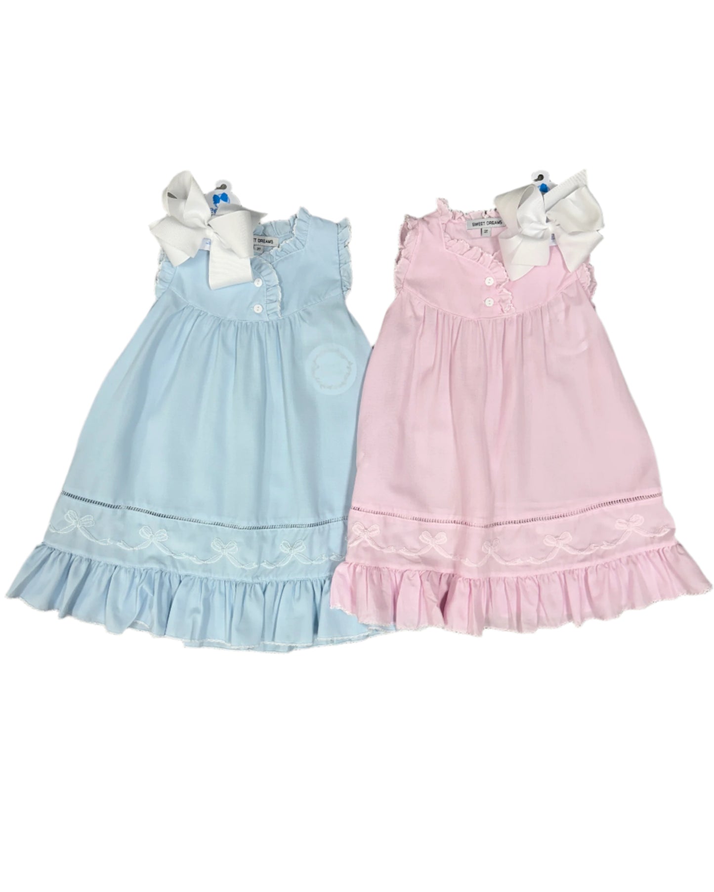 Blue Embroidered Shadow Stitch Bows Gown Kids Pajamas Sweet Dreams