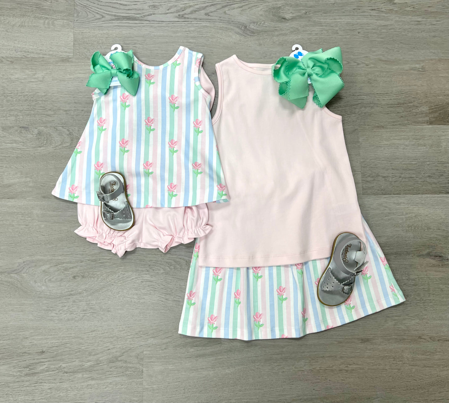 Sage Knit Skirt Set - Floral Pastel Stripe Girls Play Dresses James & Lottie   