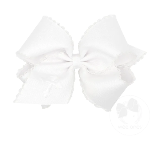 King White Grosgrain Bow with Moonstitch Edge and Cross Embroidery - White with White Kids Hair Accessories Wee Ones