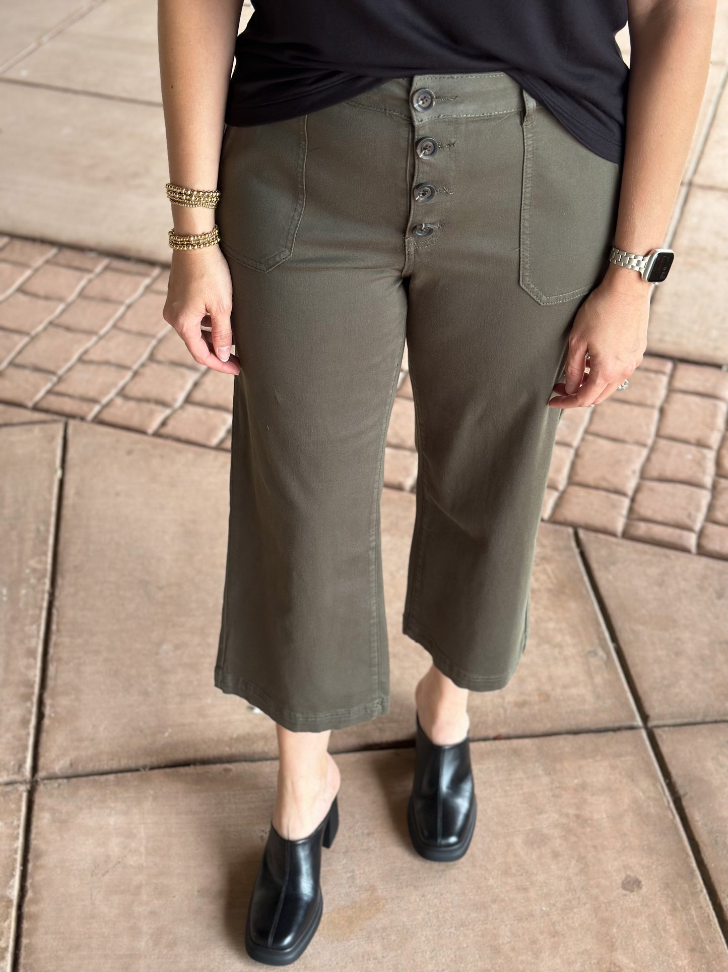 Audrey Hugging Button Fly Crop Wide Leg - Dark Cedar Women's Clothing Tribal