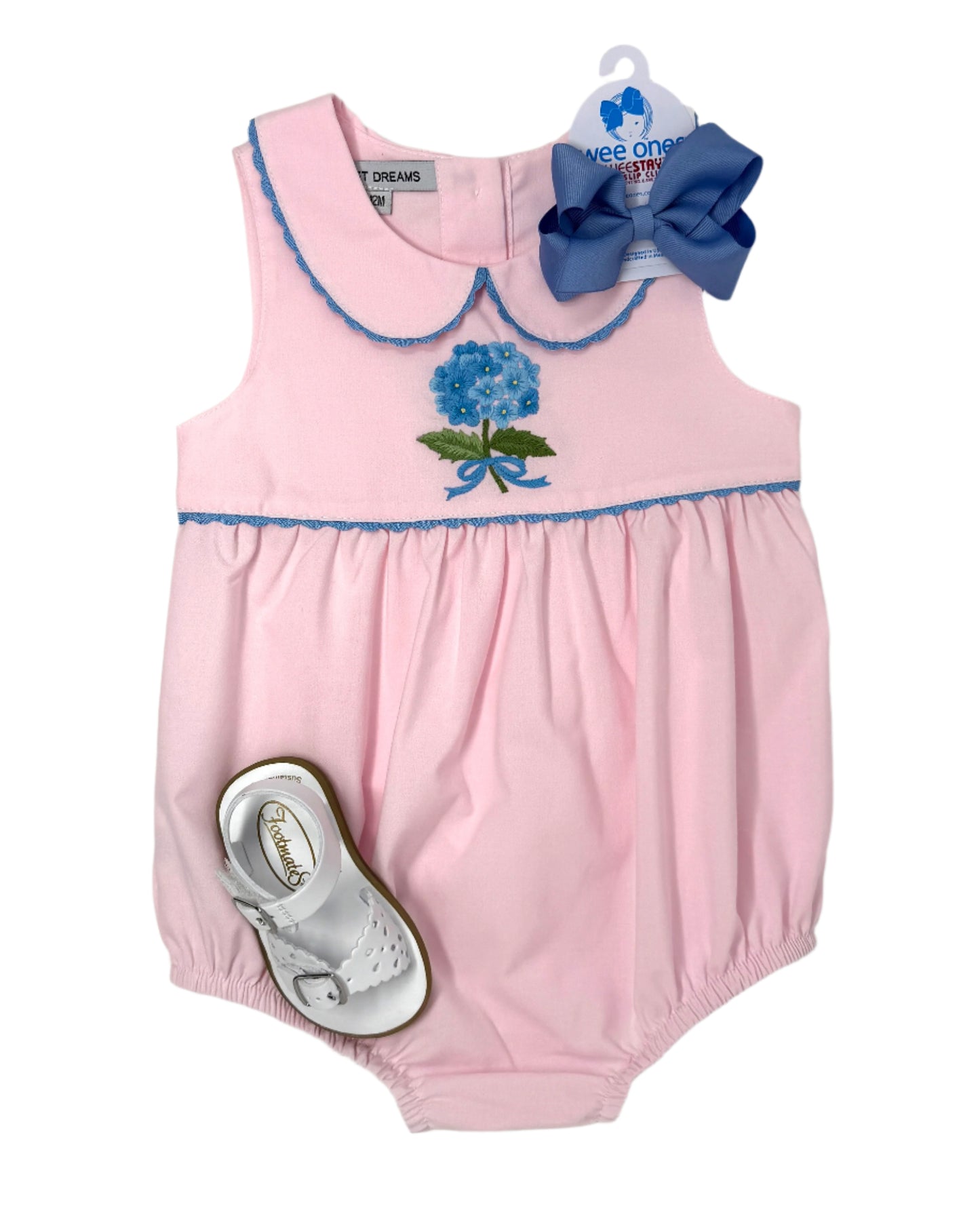 Pink Embroidered Blue Hydrangea Bubble Girls Bubbles + Rompers Sweet Dreams