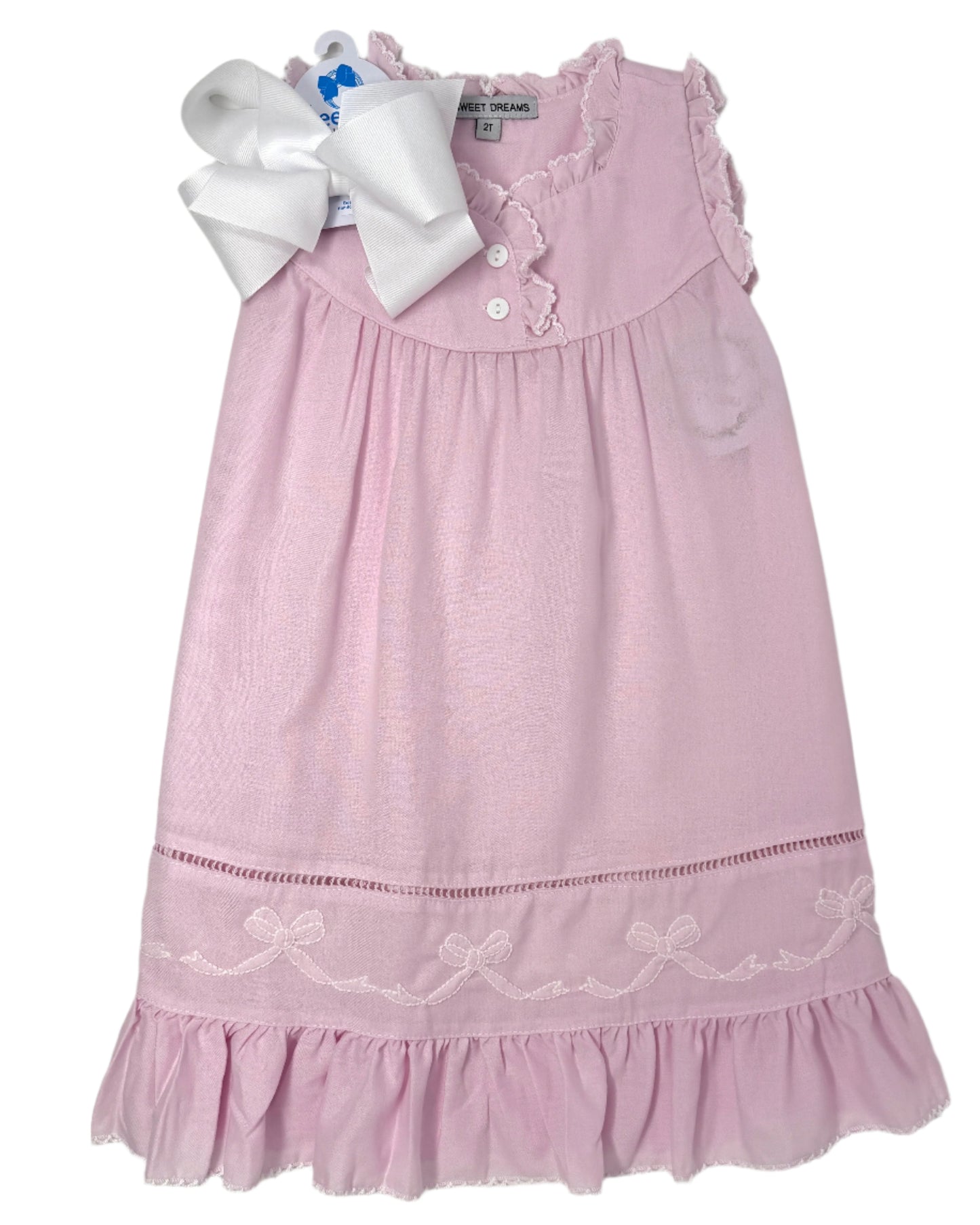 Pink Embroidered Shadow Stitch Bows Gown Kids Pajamas Sweet Dreams