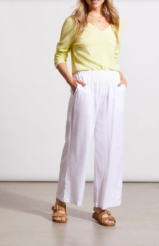 Pull On Ankle Pant With Hem Vent & Buttons - White Pants Tribal   