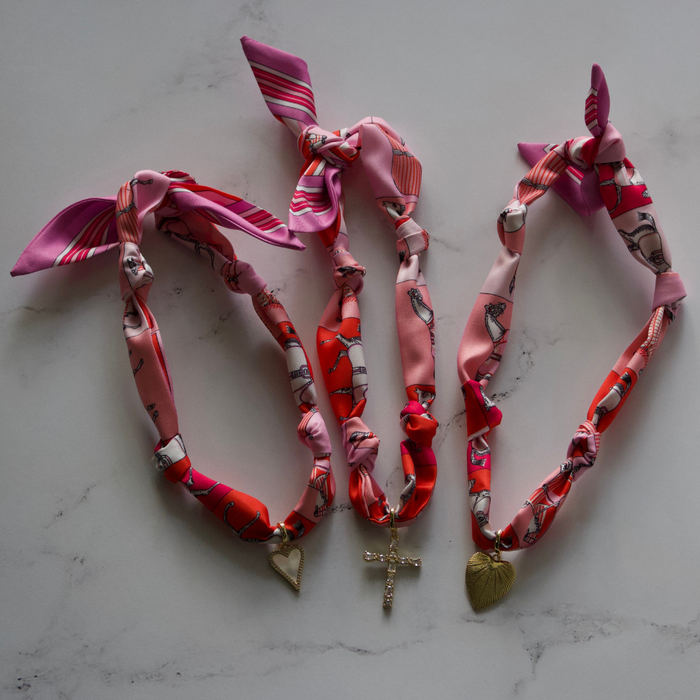 Scarf Necklace ~ Pink Horse Pattern: White Heart Necklaces Deep South Originals, LLC