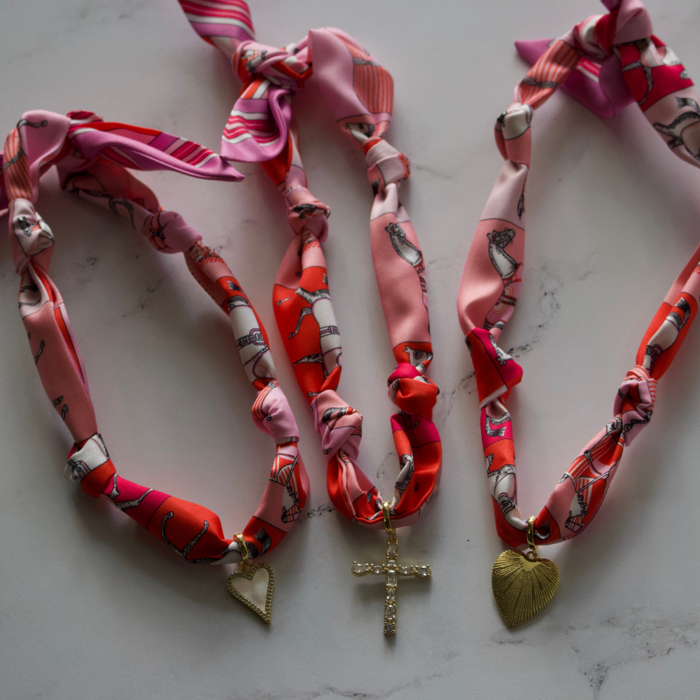 Scarf Necklace ~ Pink Horse Pattern: White Heart Necklaces Deep South Originals, LLC
