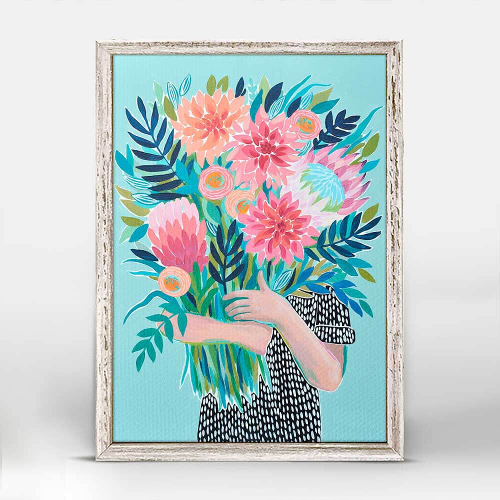 Garden Girl with Dahlias Mini Framed Canvas 5x7 Home Decor Greenbox Art