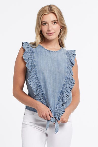 Ruffle Trim Denim Blouse Women's Clothing Tribal