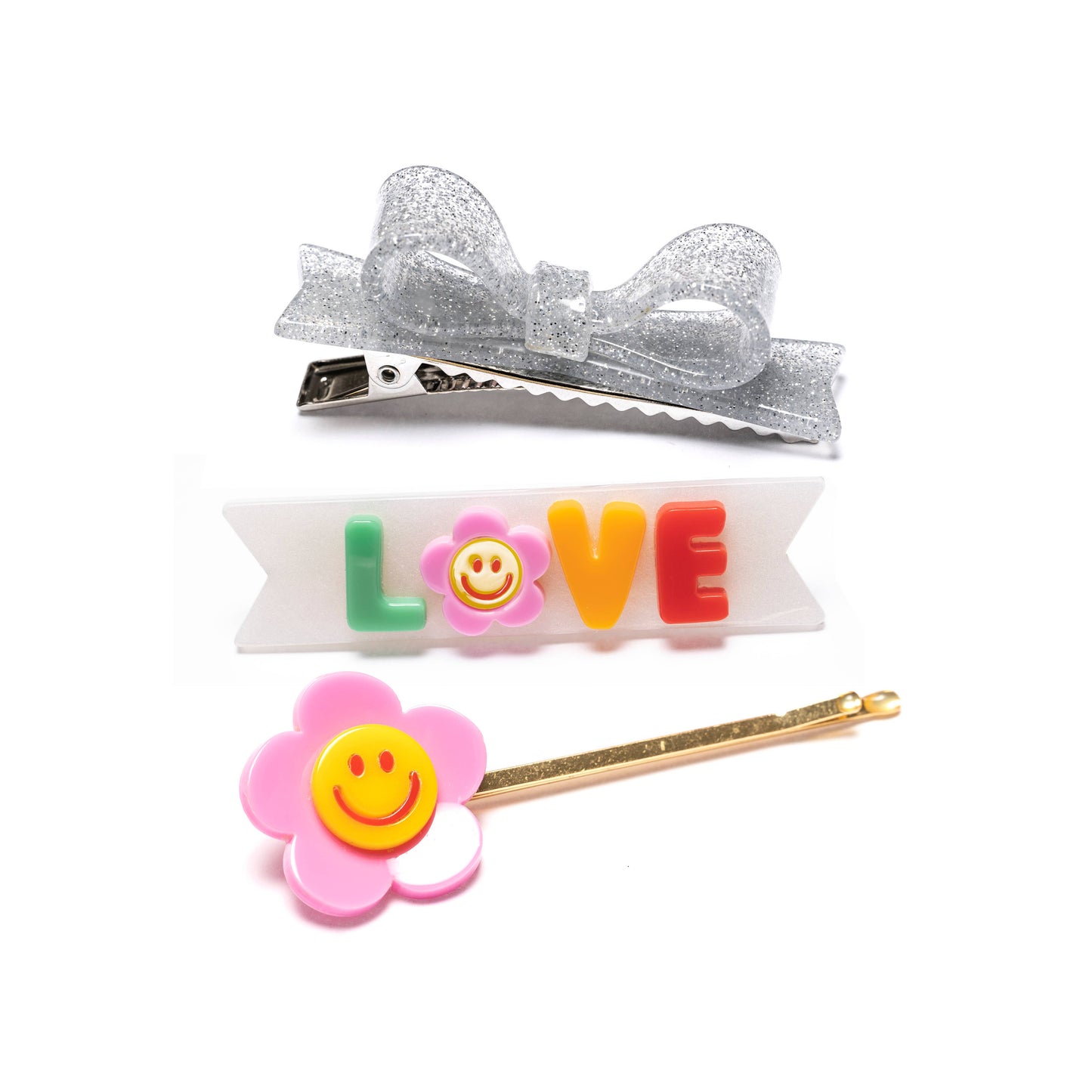 Three Combo Love Word Set+Bow tie Silver Alligator Clips Kids Hair Accessories Lilies & Roses