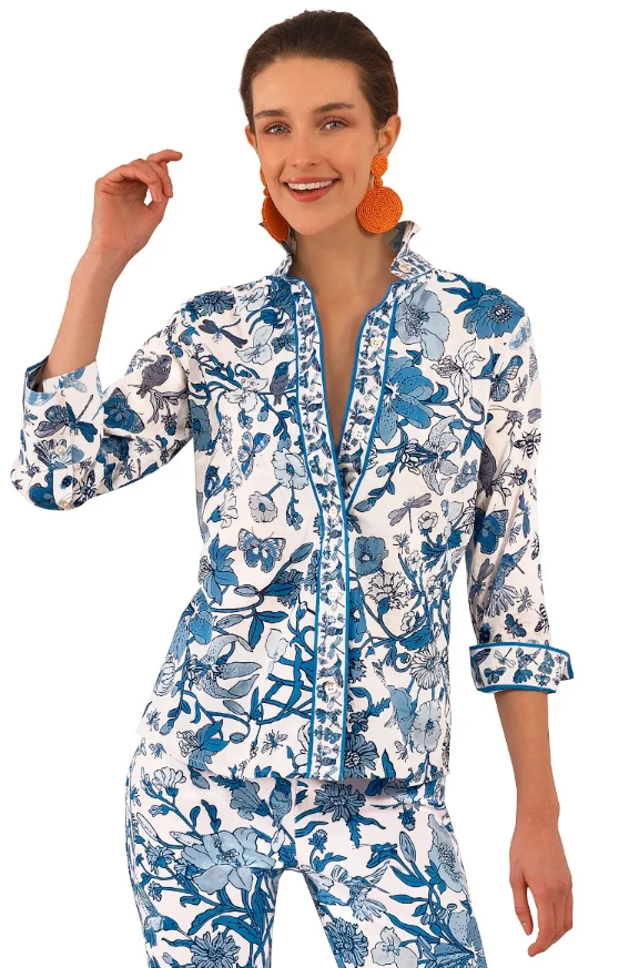 Boyfriend Shirt - Blue Birds & Bees Women's Clothing Gretchen Scott