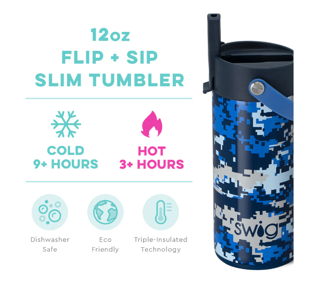 Cool Camo Flip + Sip Slim Tumbler (12oz) Insulated Drinkware Swig   