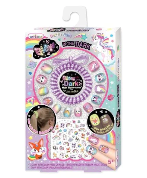 Hot Focus Unicorn Nail Art Kit- Glow in The Dark Nail Polish,Patches,Sticker,Nail File for Kids