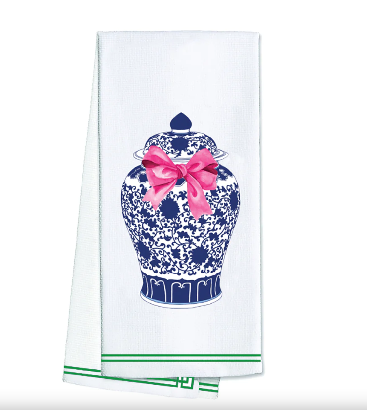 Ginger Jar with Pink Bow Cotton Tea Towel Gifts WH Hostess