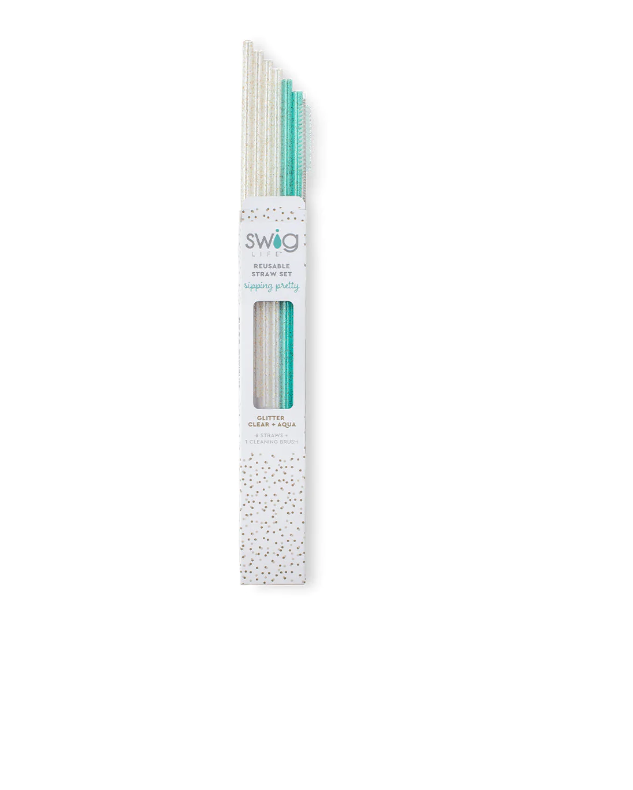 Glitter Clear + Aqua Reusable Straw Set