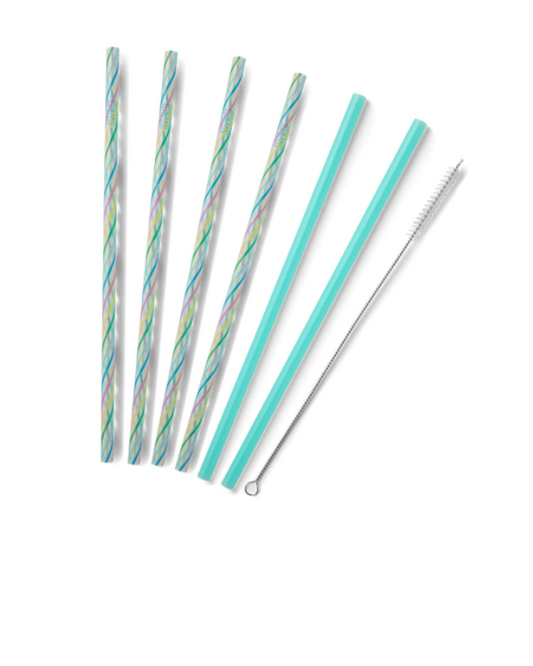 Rainbow Stripe & Aqua Reusable Straw Set (Tall) Insulated Drinkware Swig   