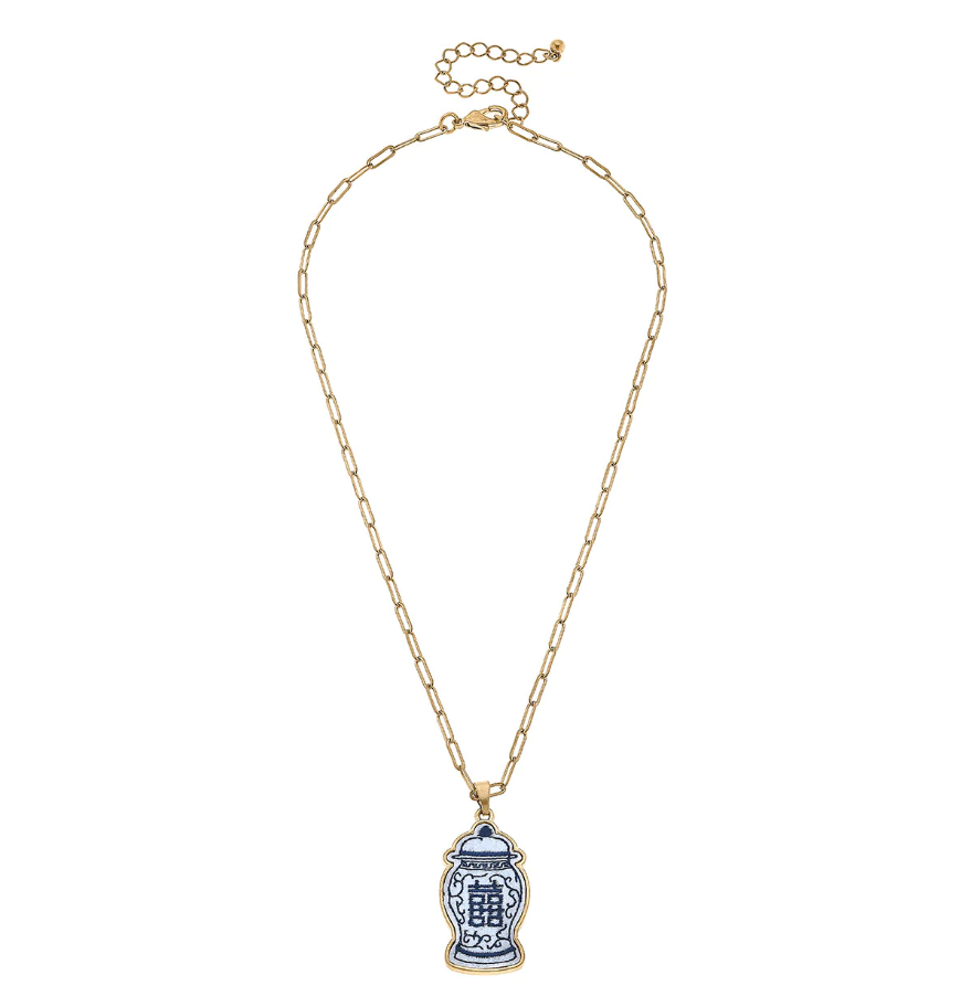 Stuck on You Ginger Jar Double Happiness Patch Necklace - Blue & White Women's Jewelry Canvas