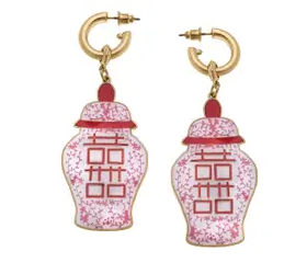 Blaire Enamel Ginger Jar Double Happiness Earrings in Pink & White Women's Jewelry Canvas