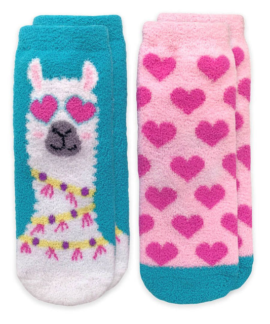 Llama and Hearts Fuzzy Non-Skid Slipper Socks 2 Pair Pack Kids Socks + Tights Jefferies Socks   