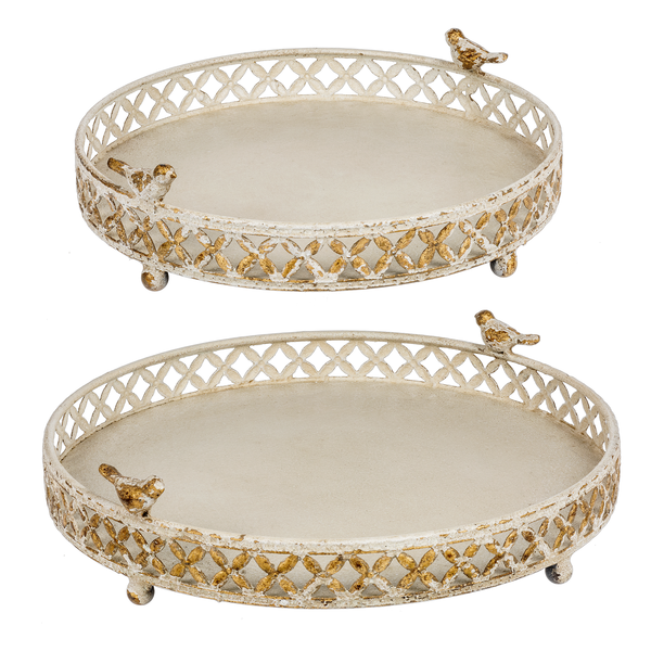 Round Distressed Tray with Bird 2pc Set Home Decor Midwest-CBK