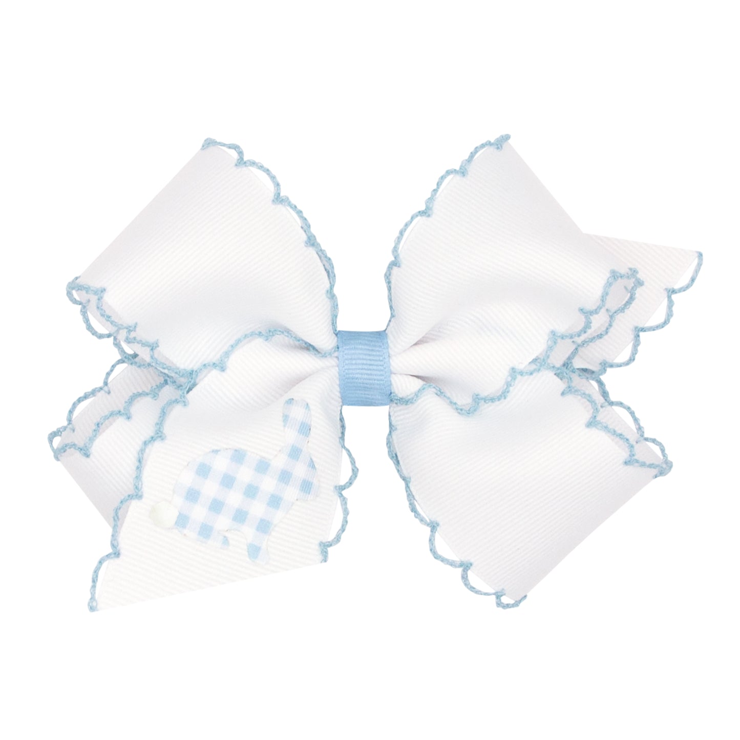 Medium Grosgrain Bow with Moonstitch Edge and Printed Millenium Blue Gingham Bunny Kids Hair Accessories Wee Ones