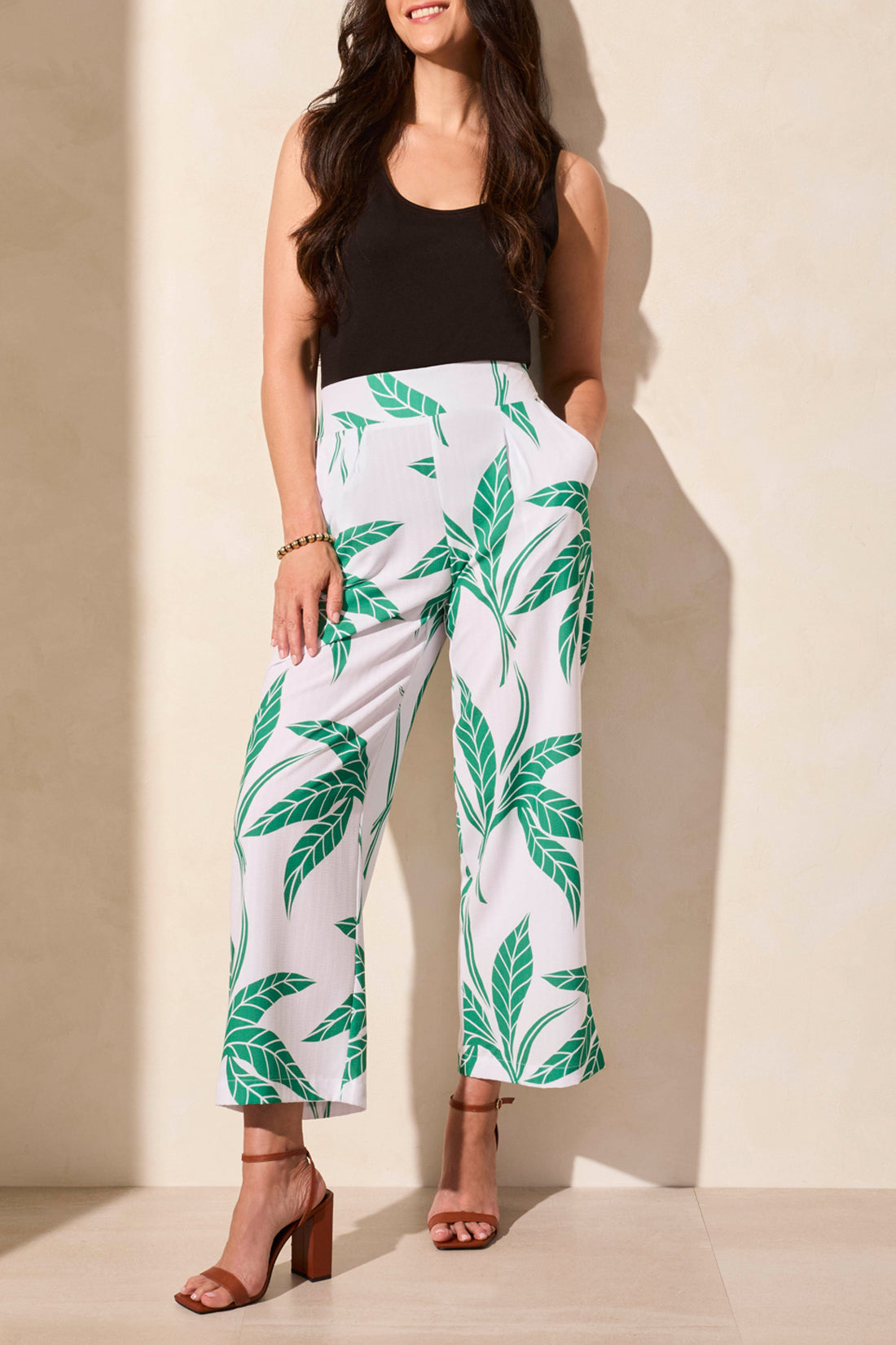 Pull On Ankle Pants w/ Pleats - Kelly/White Floral Pants Tribal