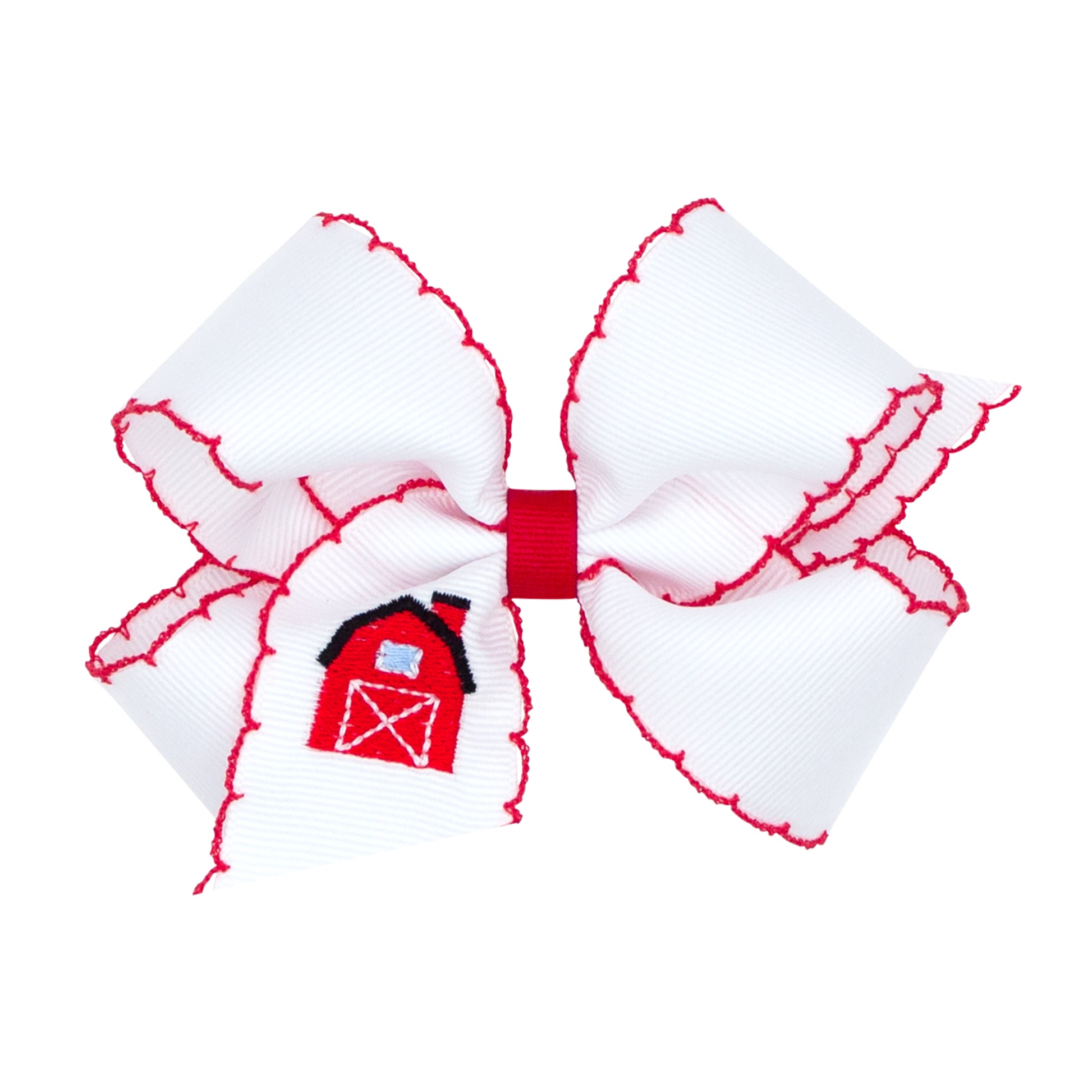 Medium Grosgrain Hair Bow with Moonstitch Edge and Farm-theme Embroidery - Red Barn Kids Hair Accessories Wee Ones