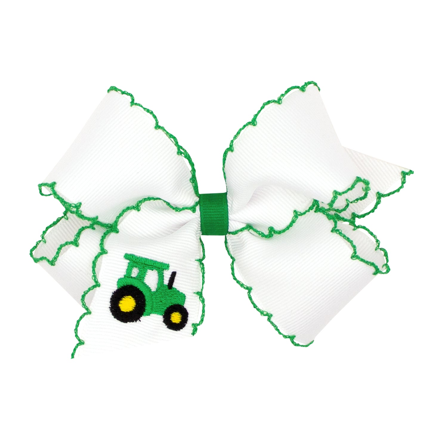 Medium Grosgrain Hair Bow with Moonstitch Edge and Farm-Theme - Green Tractor Kids Hair Accessories Wee Ones