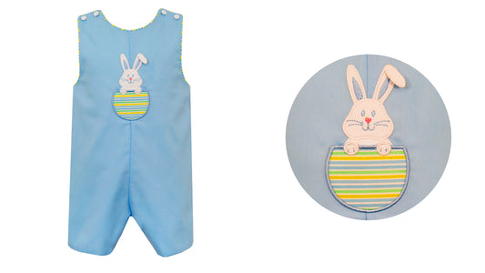 Blue Jon Jon with Easter Bunny Pockets Boys Bubbles + Rompers Claire & Charlie   