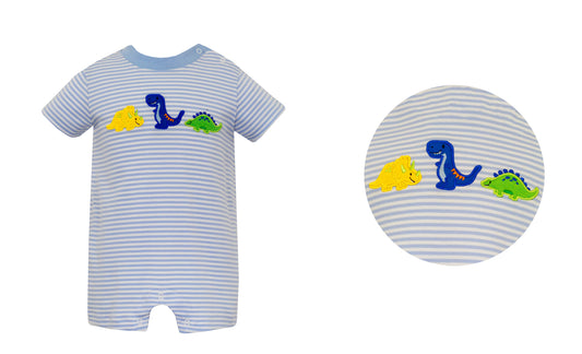 Dinosaurios Lt. Blue Knit Striped Romper Boys Bubbles + Rompers Claire & Charlie   