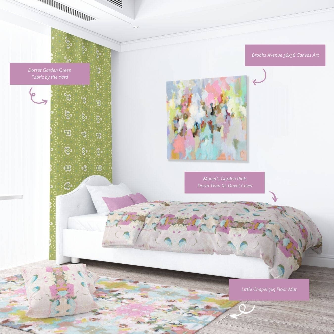 Monet's Garden Pink Dorm Bedding Set, Twin XL: Dorm Set (Twin XL Duvet Cover + Euro Sham) Textiles Laura Park Designs   