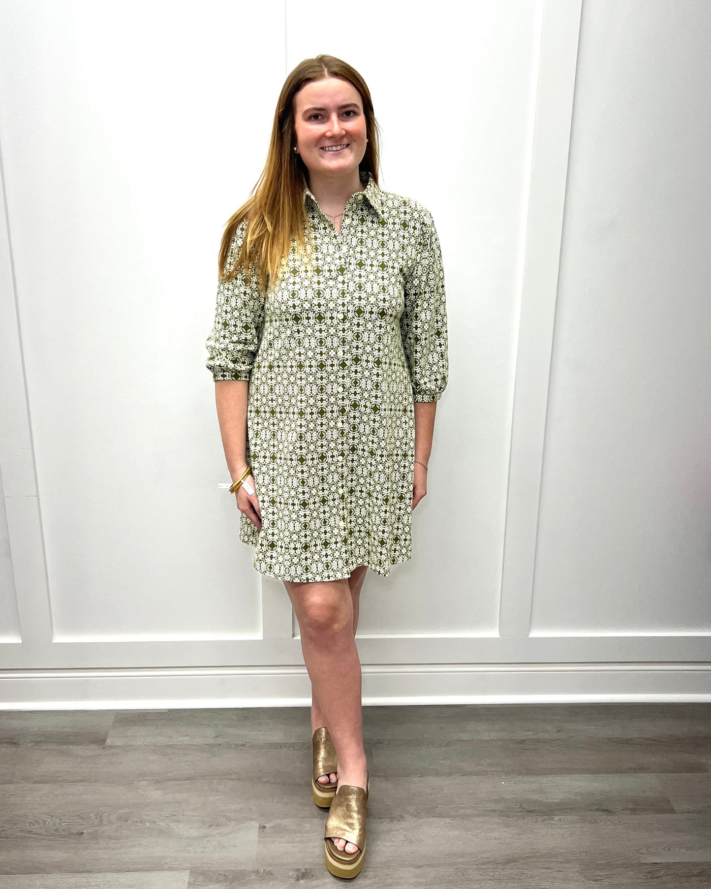 Ashlynn Dress - Green Tile Print Short Dresses Duffield Lane   