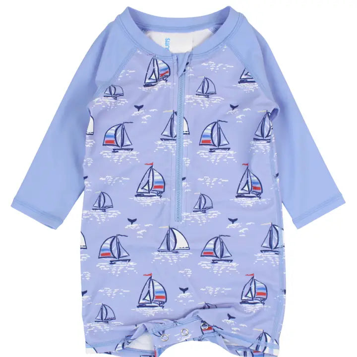 Blue Seas the Day Boys L/S One Piece Rashguard Kids Swim Rufflebutts