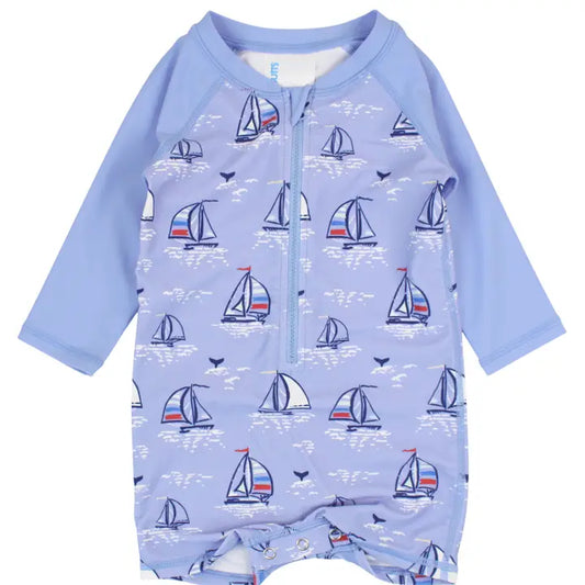 Blue Seas the Day Boys L/S One Piece Rashguard Kids Swim Rufflebutts