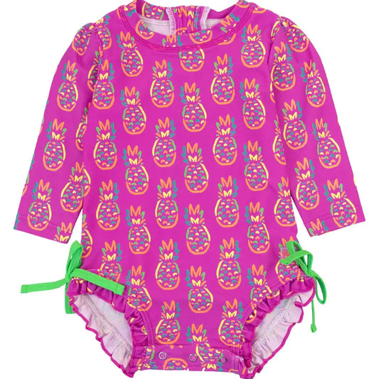 Neon Violet Pineapples L/S One Piece Rash Grard Kids Swim Rufflebutts