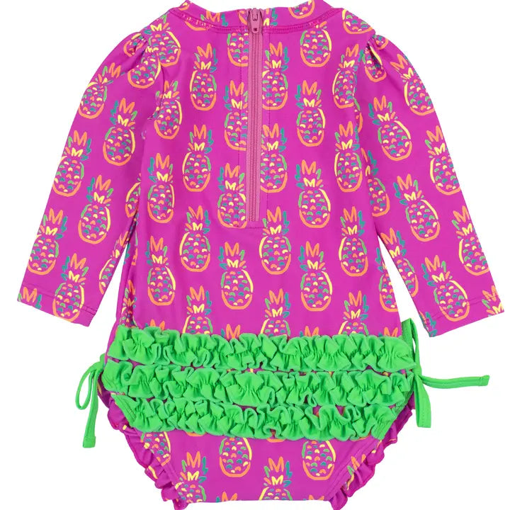 Neon Violet Pineapples L/S One Piece Rash Grard Kids Swim Rufflebutts