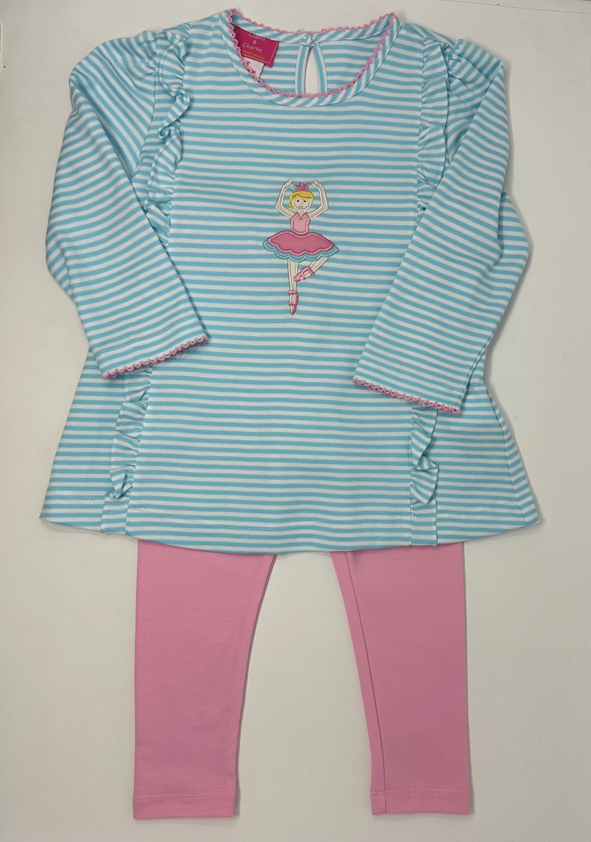 Ballerinas Aqua Knit Stripe Tunic Set with Pink Leggings Girls Sets Claire & Charlie   