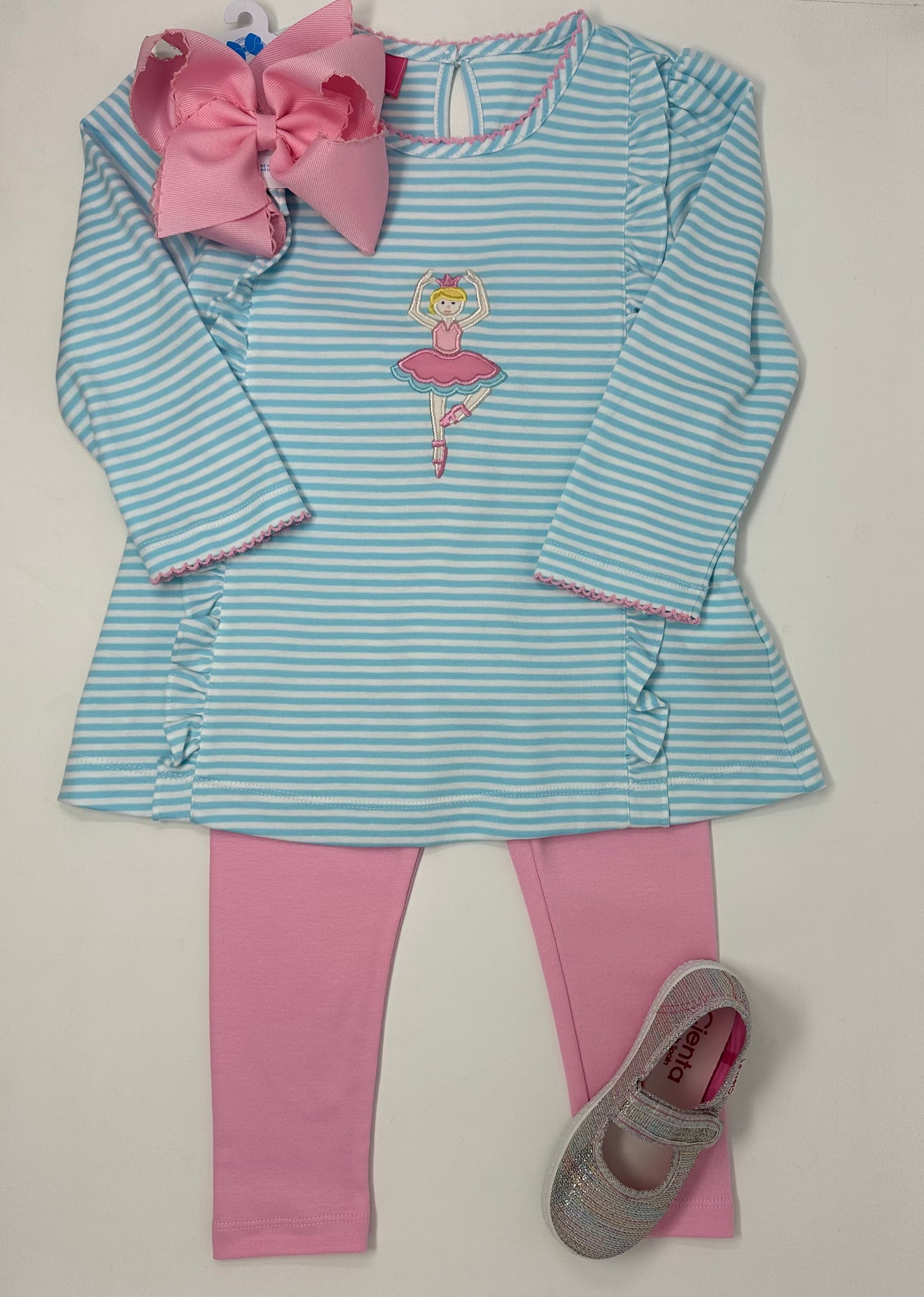 Ballerinas Aqua Knit Stripe Tunic Set with Pink Leggings Girls Sets Claire & Charlie   