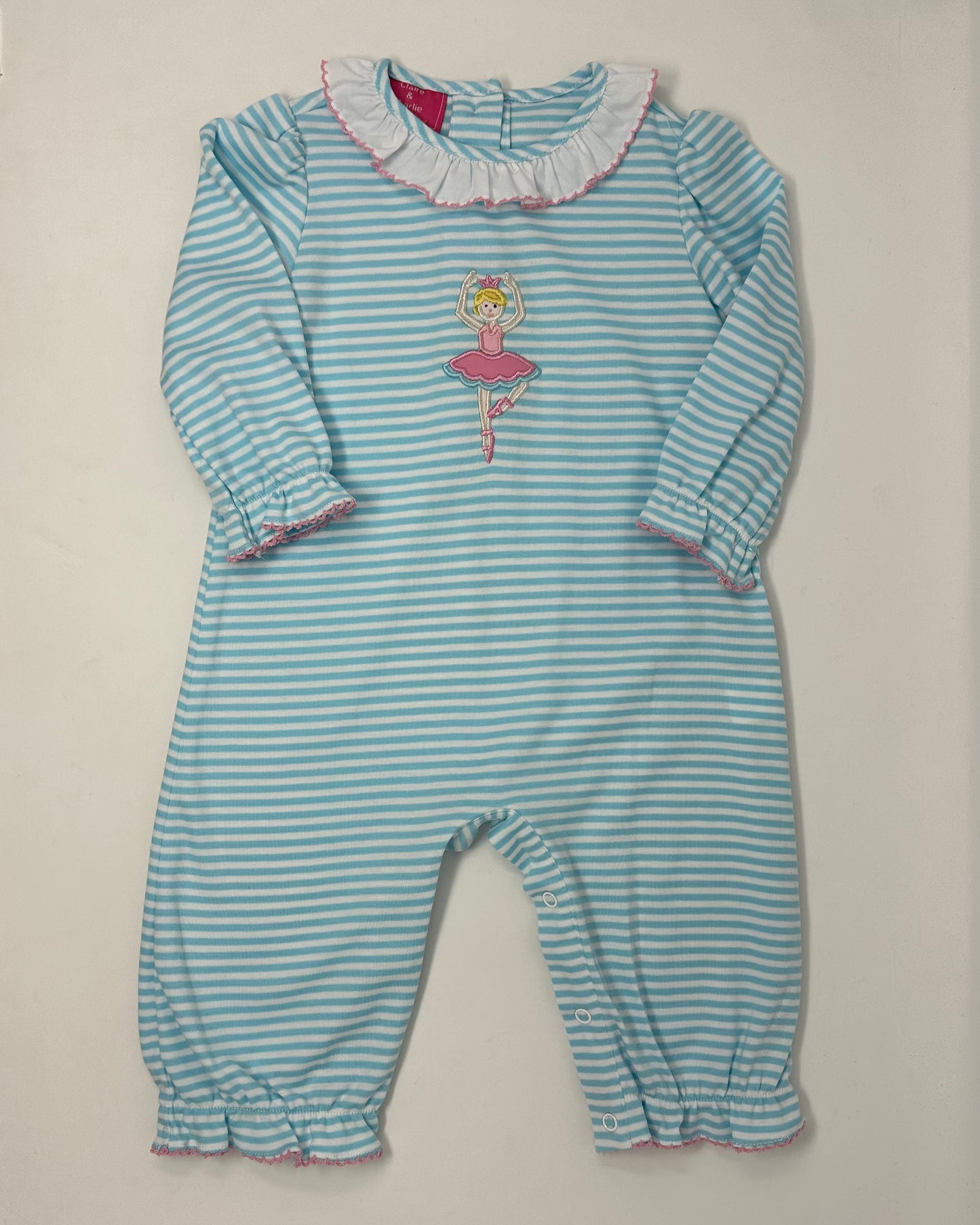 Ballerinas Aqua Knit Stripe L/S Girl's Long Romper Girls Bubbles + Rompers Claire & Charlie   