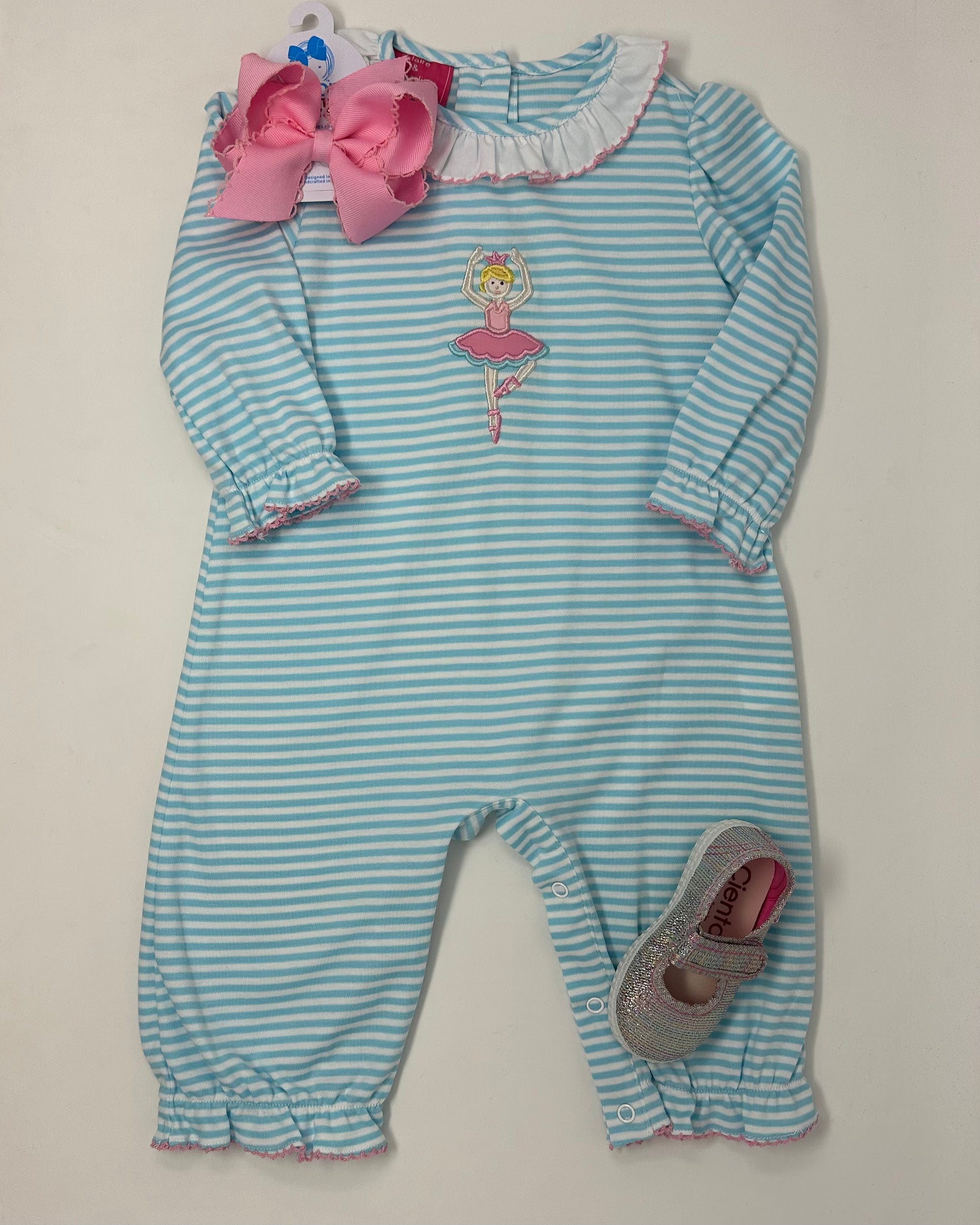 Ballerinas Aqua Knit Stripe L/S Girl's Long Romper Girls Bubbles + Rompers Claire & Charlie   