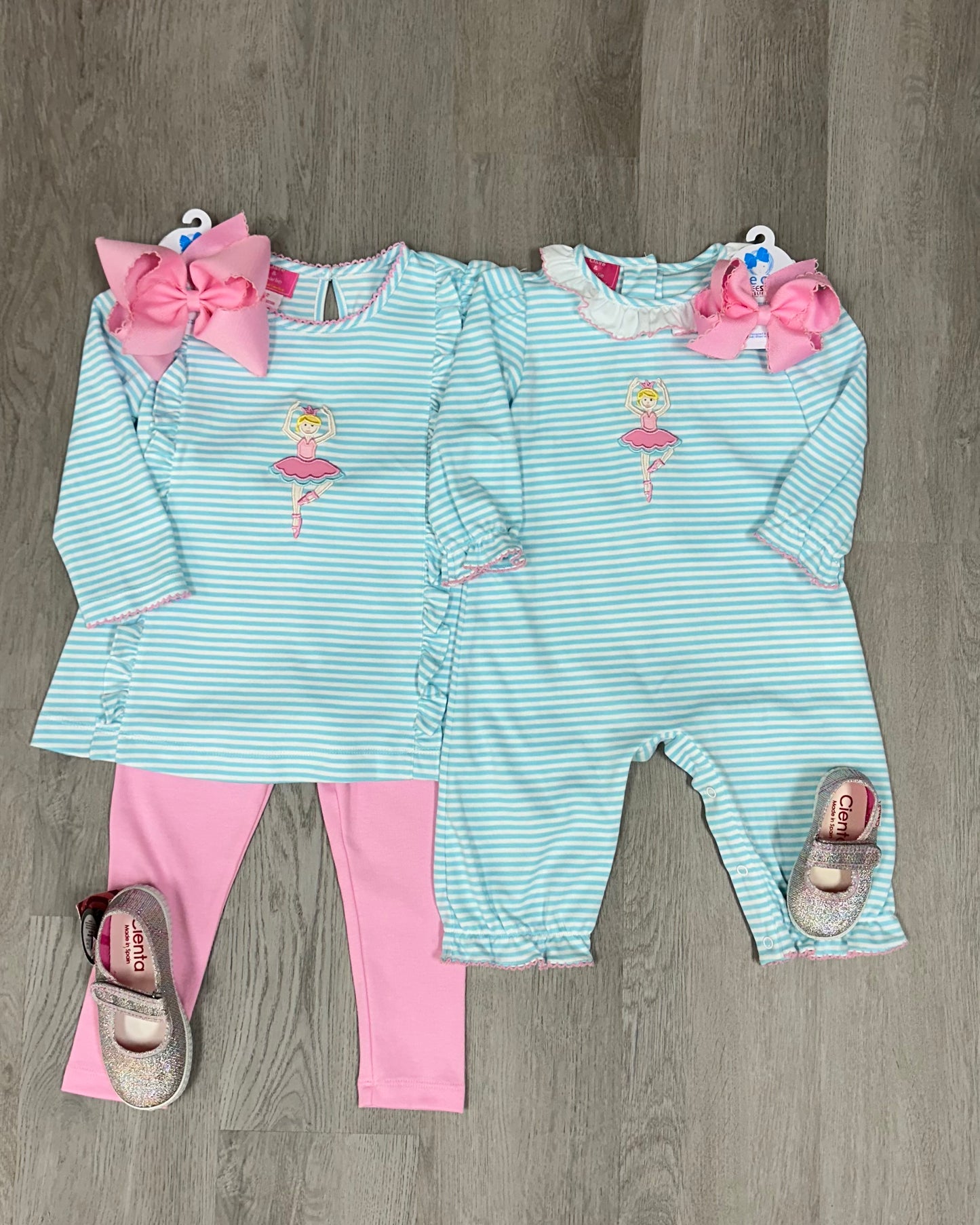 Ballerinas Aqua Knit Stripe Tunic Set with Pink Leggings Girls Sets Claire & Charlie   