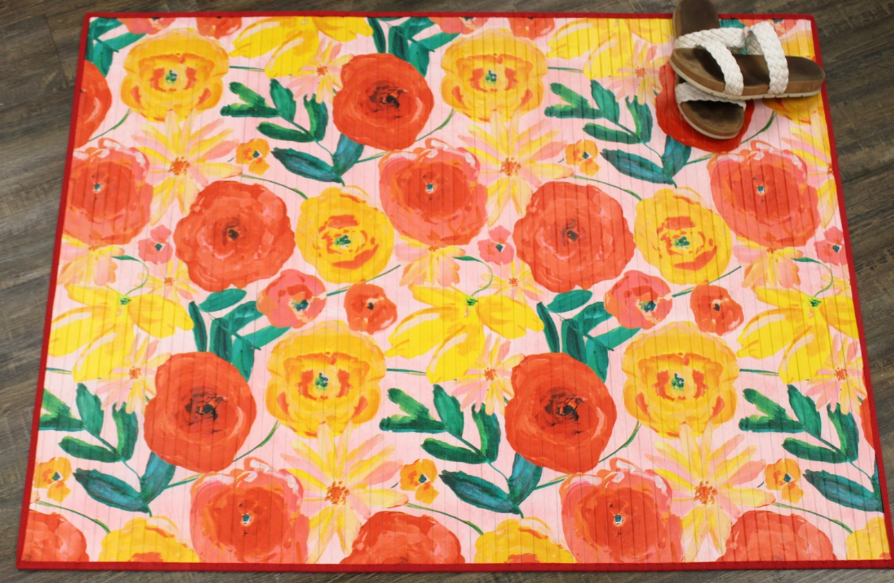 47x35" Bamboo Mat - Pink/Red/Yellow Floral Home Decor TradeCie   