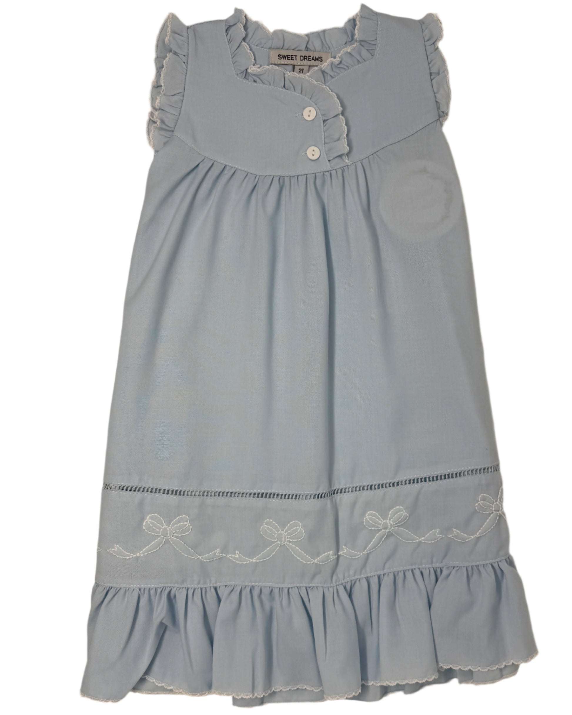 Blue Embroidered Shadow Stitch Bows Gown Kids Pajamas Sweet Dreams