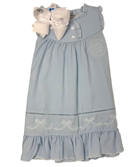 Blue Embroidered Shadow Stitch Bows Gown Kids Pajamas Sweet Dreams