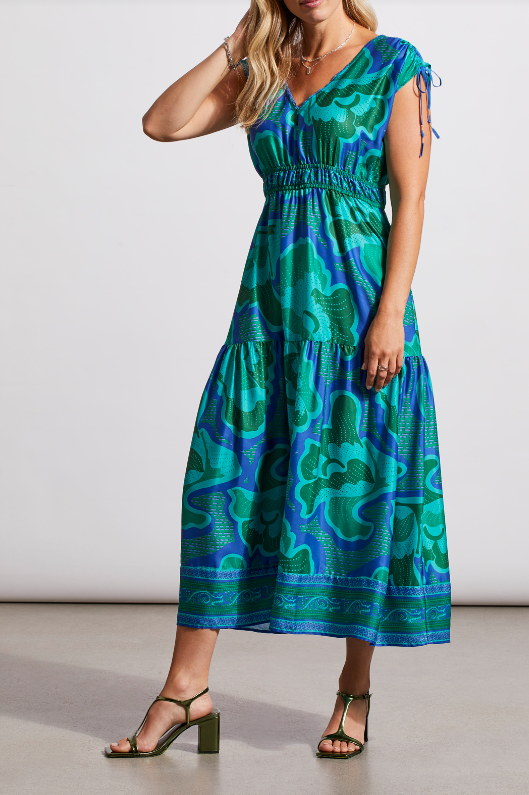 Border Print Maxi Dress With Shoulder Tie - Jade Mist Long Dresses Tribal   