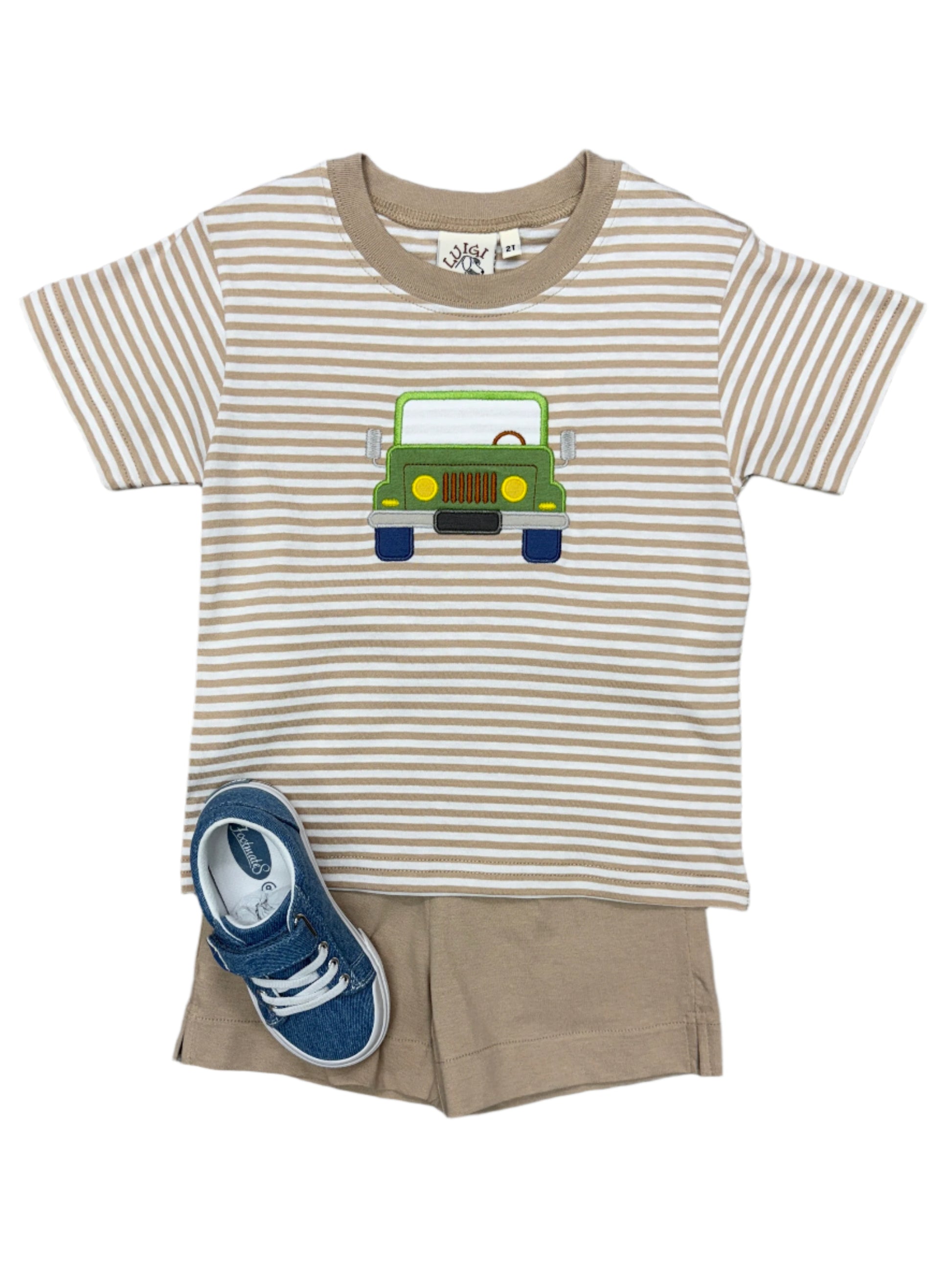 Boys S/S Shirt w/ Jeep - Sand/White Stripe Boys Shirts + Polos Luigi