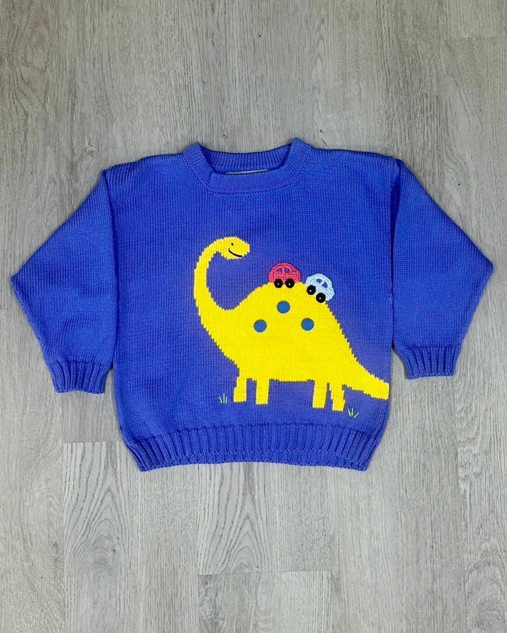 Boys Dk. Chambray Crewneck Sweater w/ Brontosaurus Cars Boys Sweaters + Sweatshirts Luigi   